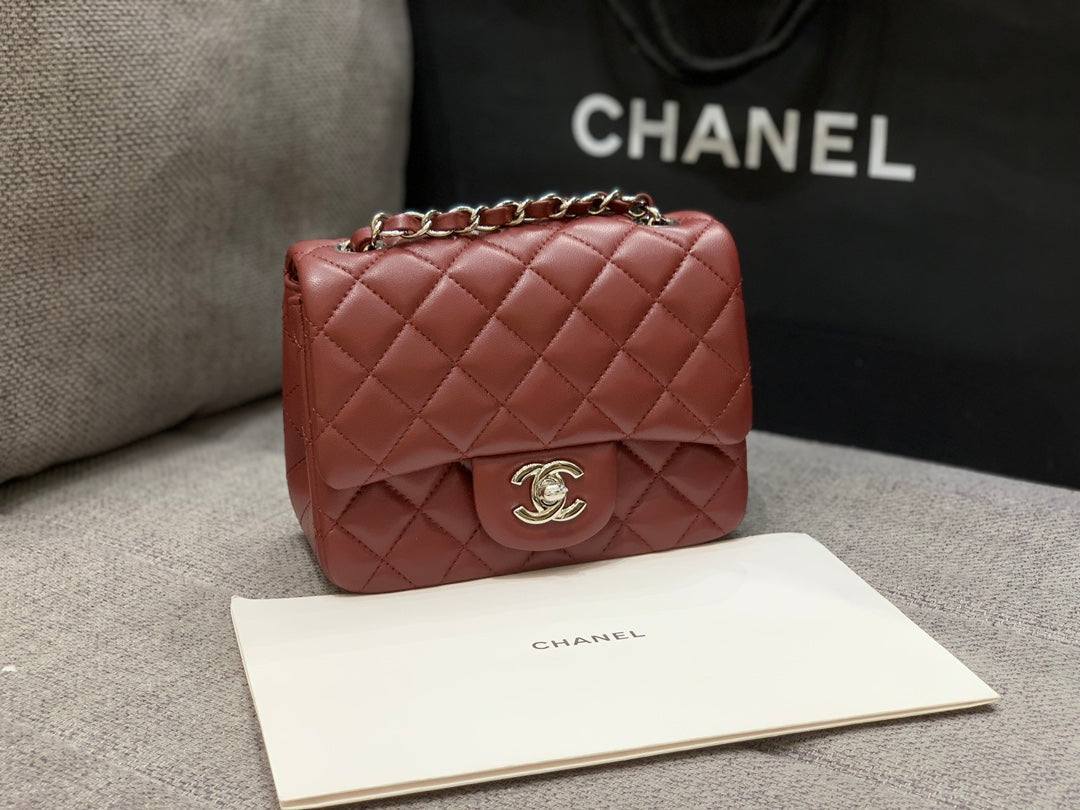 CHANEL MINI SQUARE FLAP BAG 17CM BURGUNDY LAMBSKIN SILVER HARDWARE