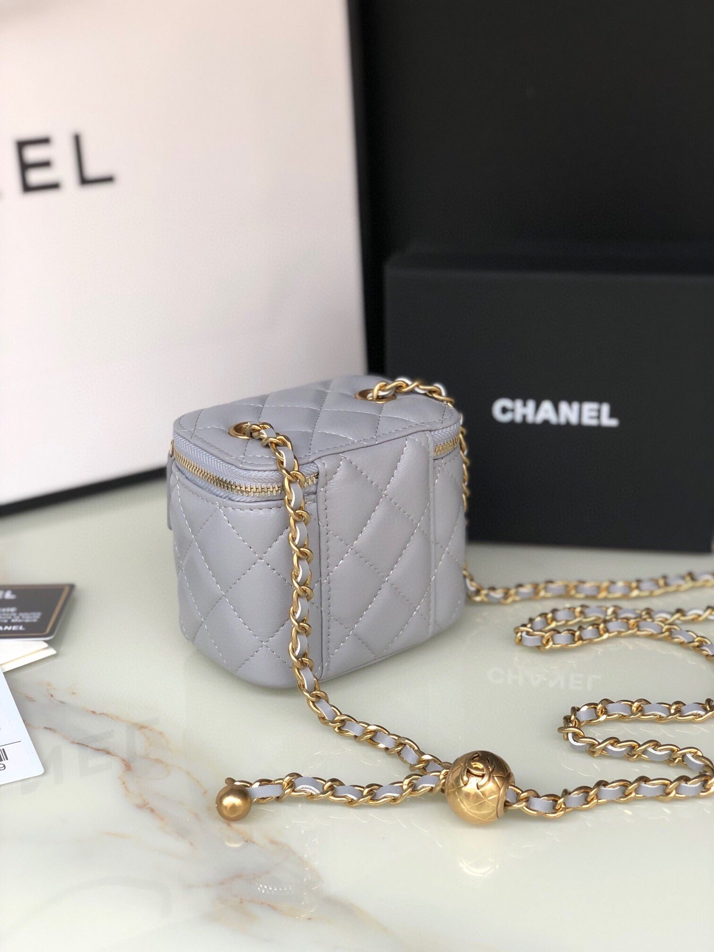 CHANEL MINI 11 VANITY CHAIN IN LIGHT GREY CALFSKIN GOLD HARDWARE