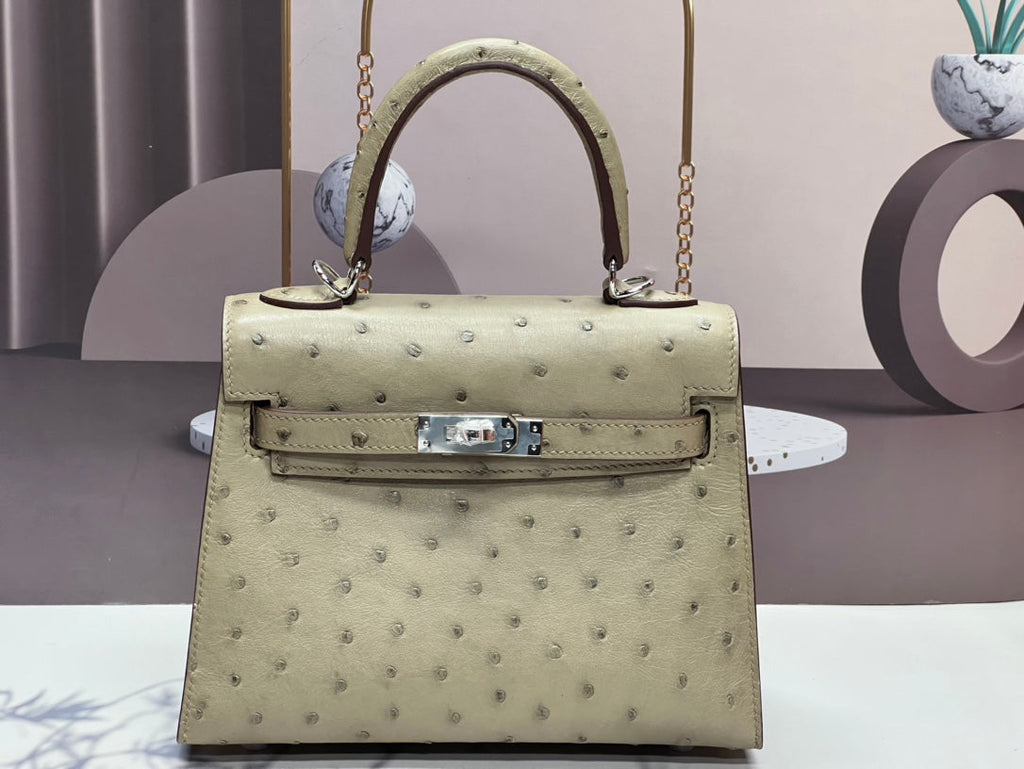 HERMES KELLY BAG 20 IN KHAKI TAN OSTRICH LEATHER WITH SILVER HARDWARE