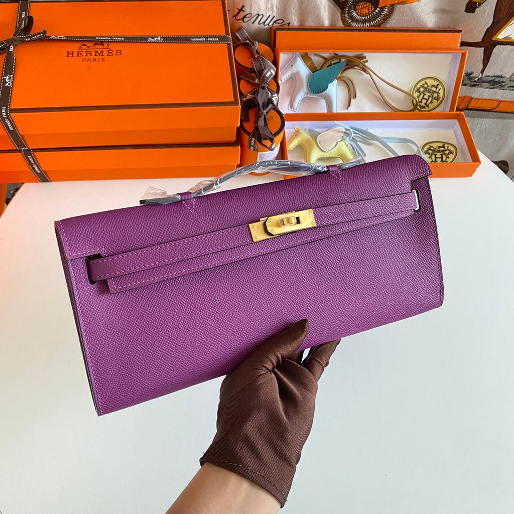 HERMES KELLY CUT 31 IN VIOLET PURPLE CALFSKIN WITH GOLD HARDWARE