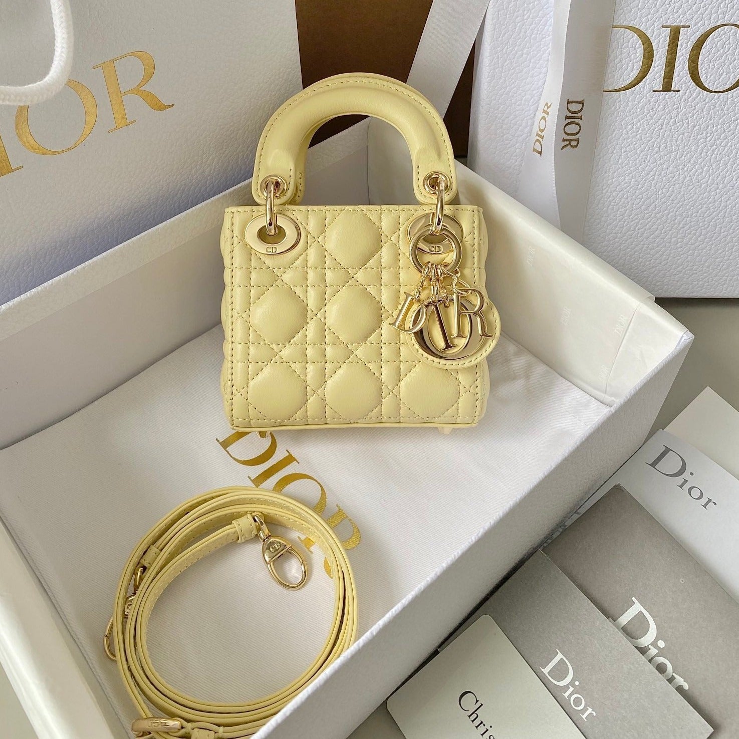 DIOR MICRO LADY 12 BAG IN LIGHT YELLOW LAMBSKIN