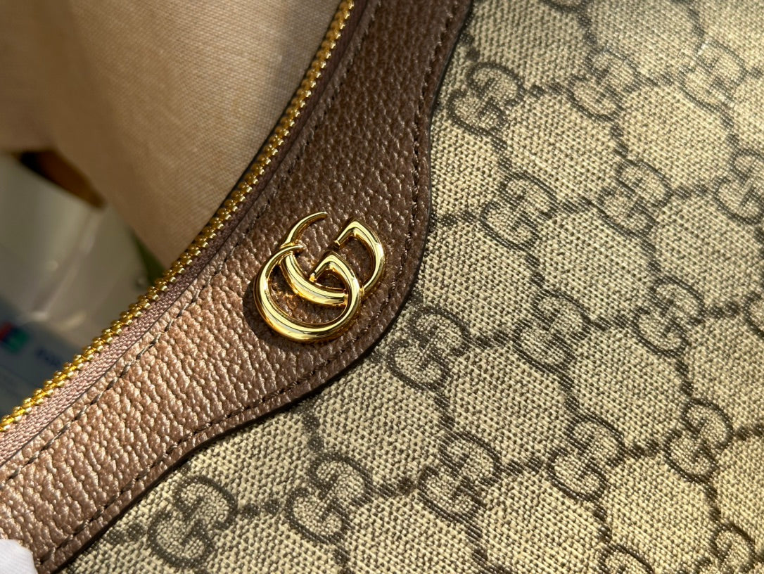 GUCCI OPHIDIA  SMALL 25 HANDBAG BEIGE AND EBONY SUPREME CANVAS