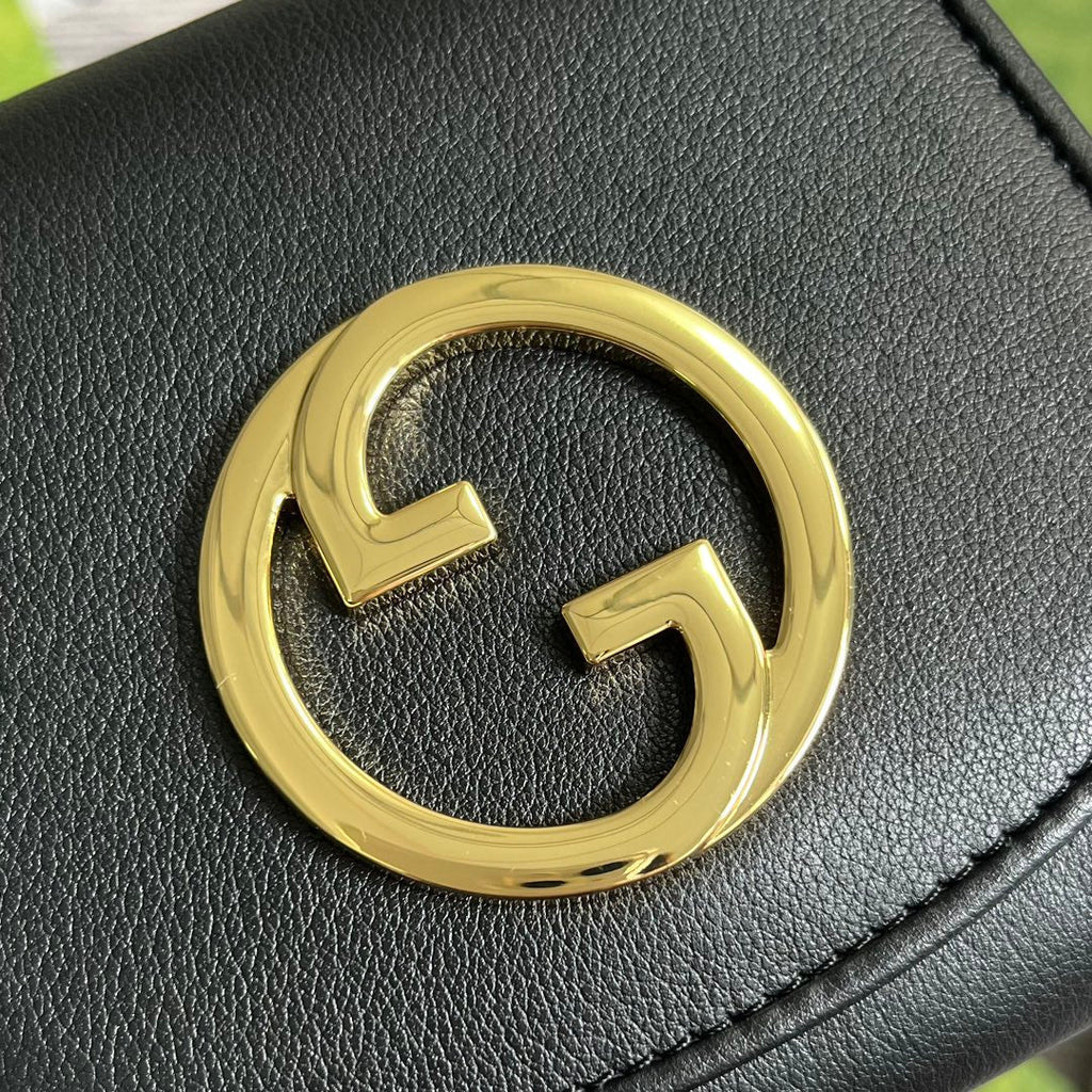 GUCCI BLONDIE INTERLOCK MINI SHOULDER BAG 12 IN BLACK CALFSKIN GOLD CHAIN