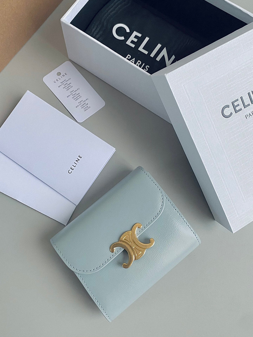CELINE TRIPHOME 10 TRIFOLD WALLET CALFSKIN BLUE PASTEL