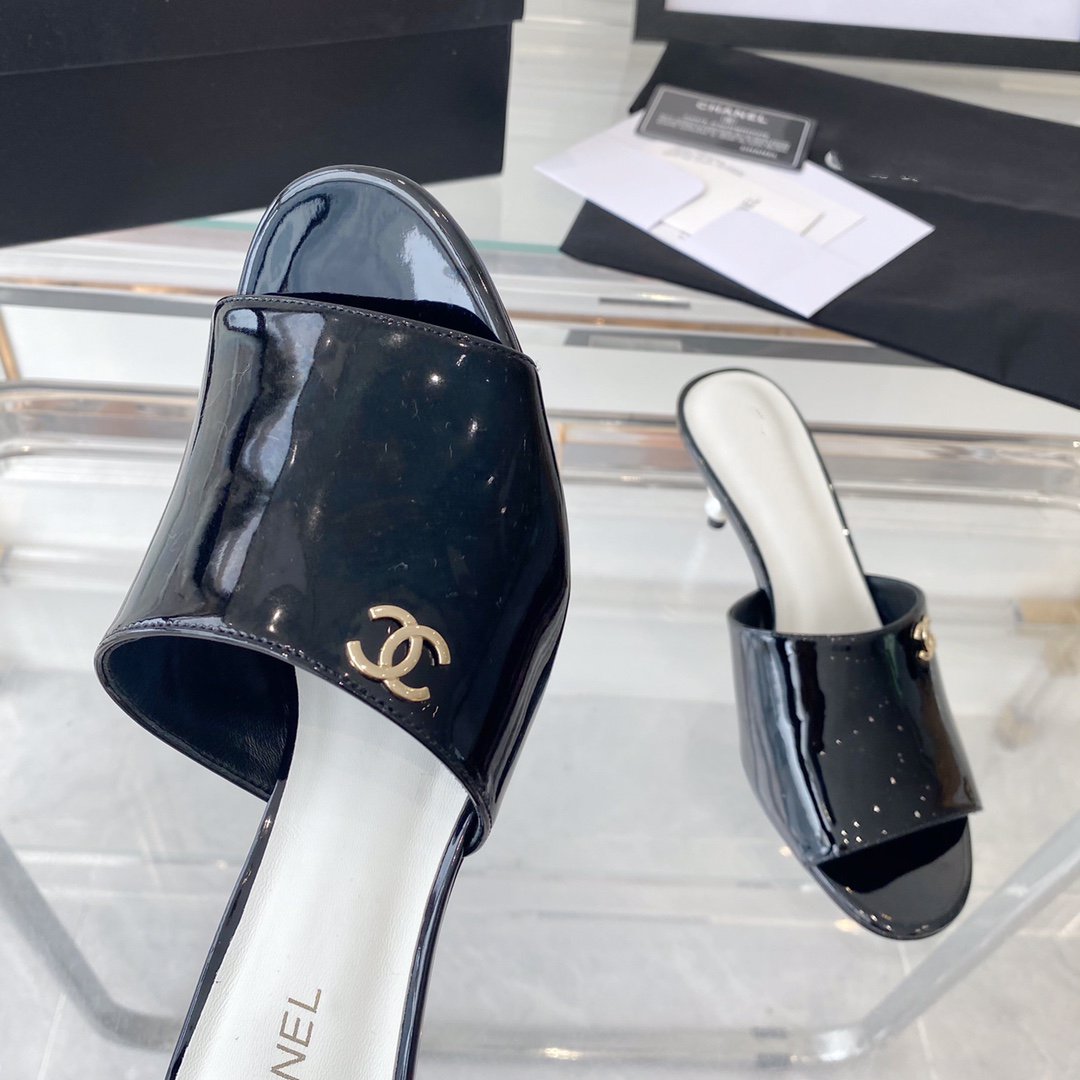 CHANEL high heel 70 mule sandals black white patent calfskin