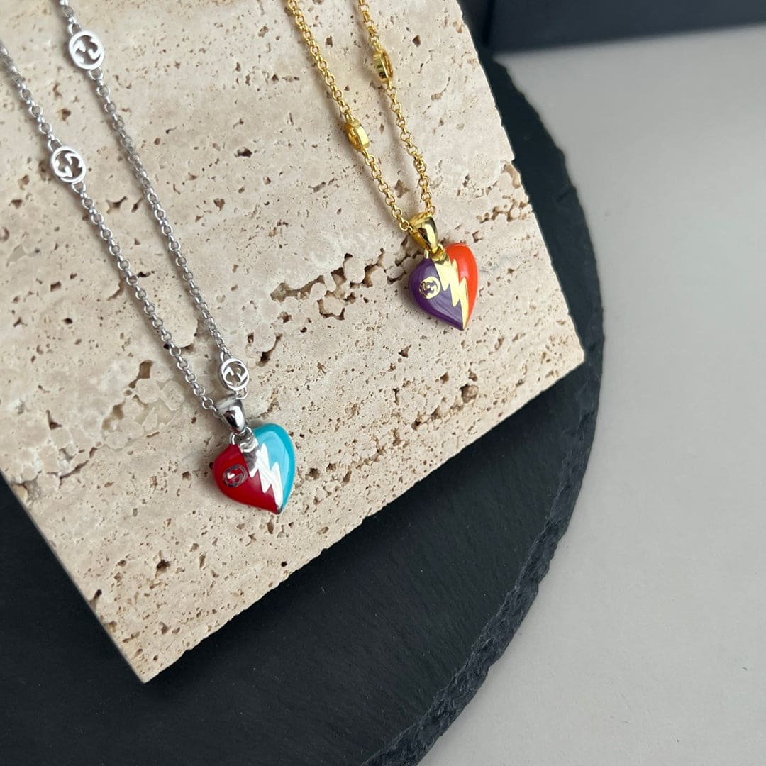 18K Double Gucci Interlocking Gucci Heart Lightning Charm Necklace