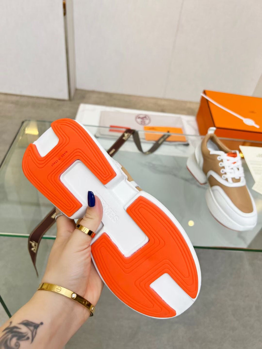 HERMES GIGA SNEAKER CARAMEL MIX WHITE CALFSKIN
