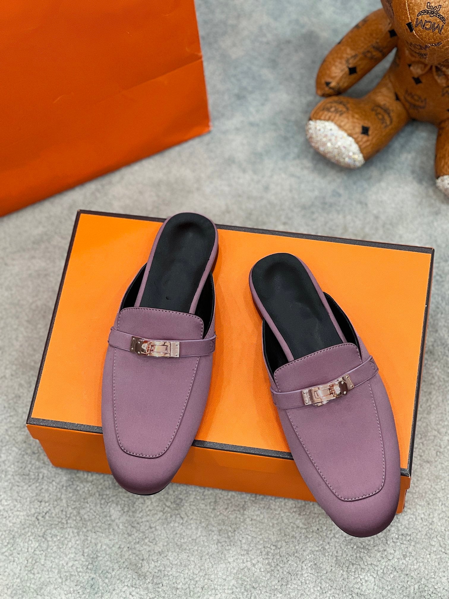 HERMES 0Z Mule Purple Silk Thick Cloth/Sheepskin
