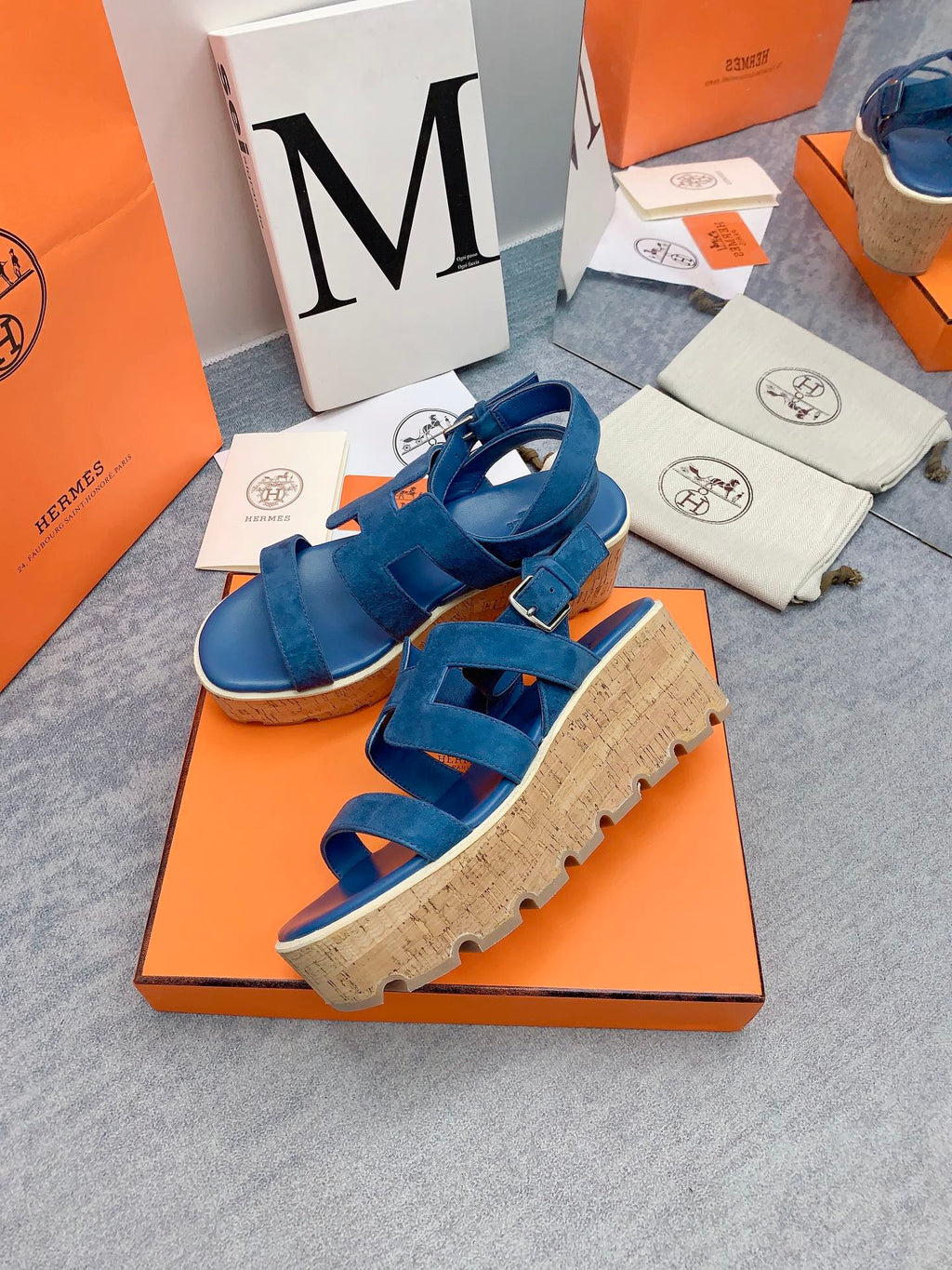 HERMES HAVANE 30 SANDAL IN CLASSIC BLUE SUEDE