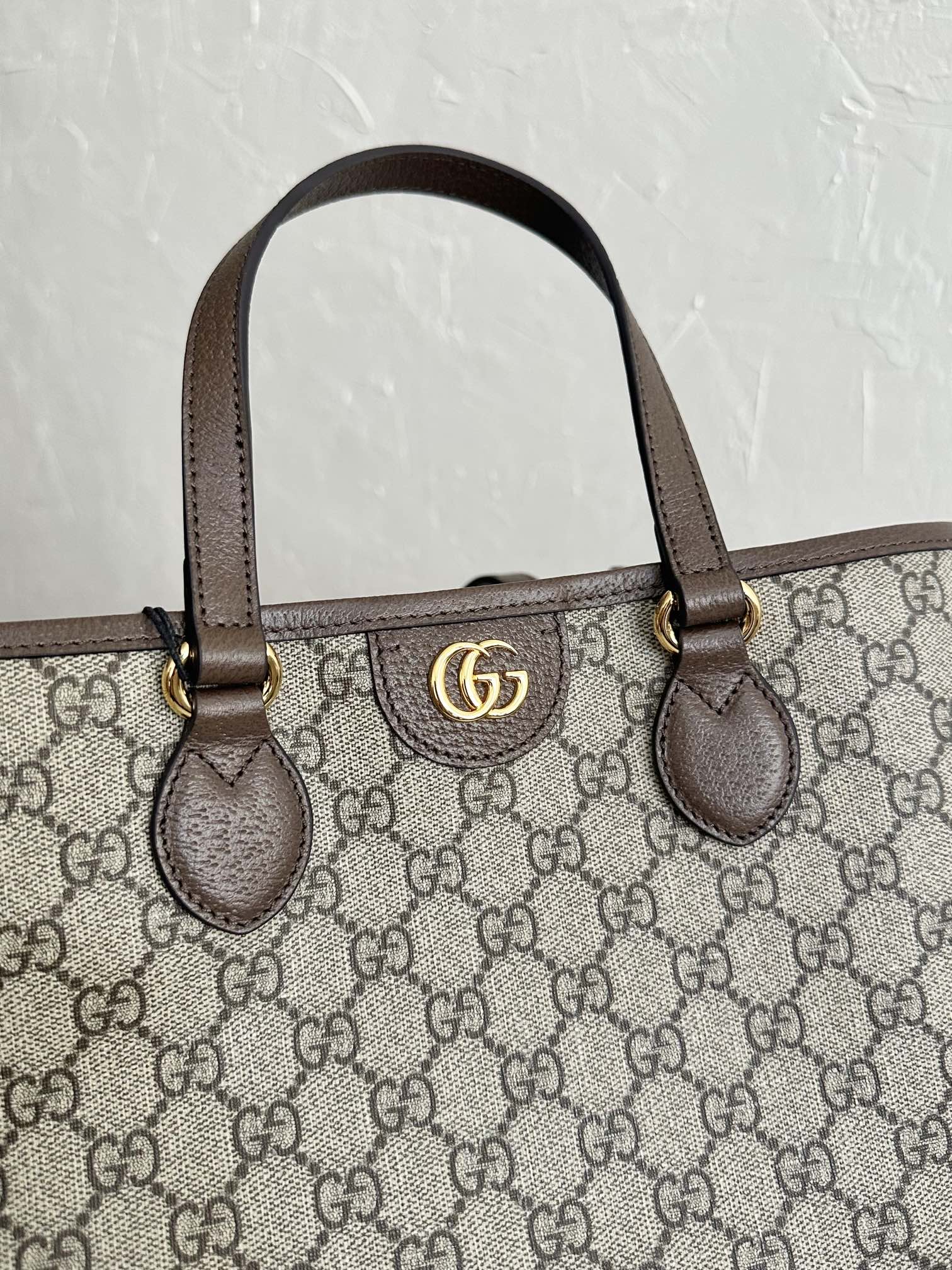 GUCCI OPHIDIA SMALL TOTE BAG 31 BEIGE CANVAS AND BROWN CALFSKIN