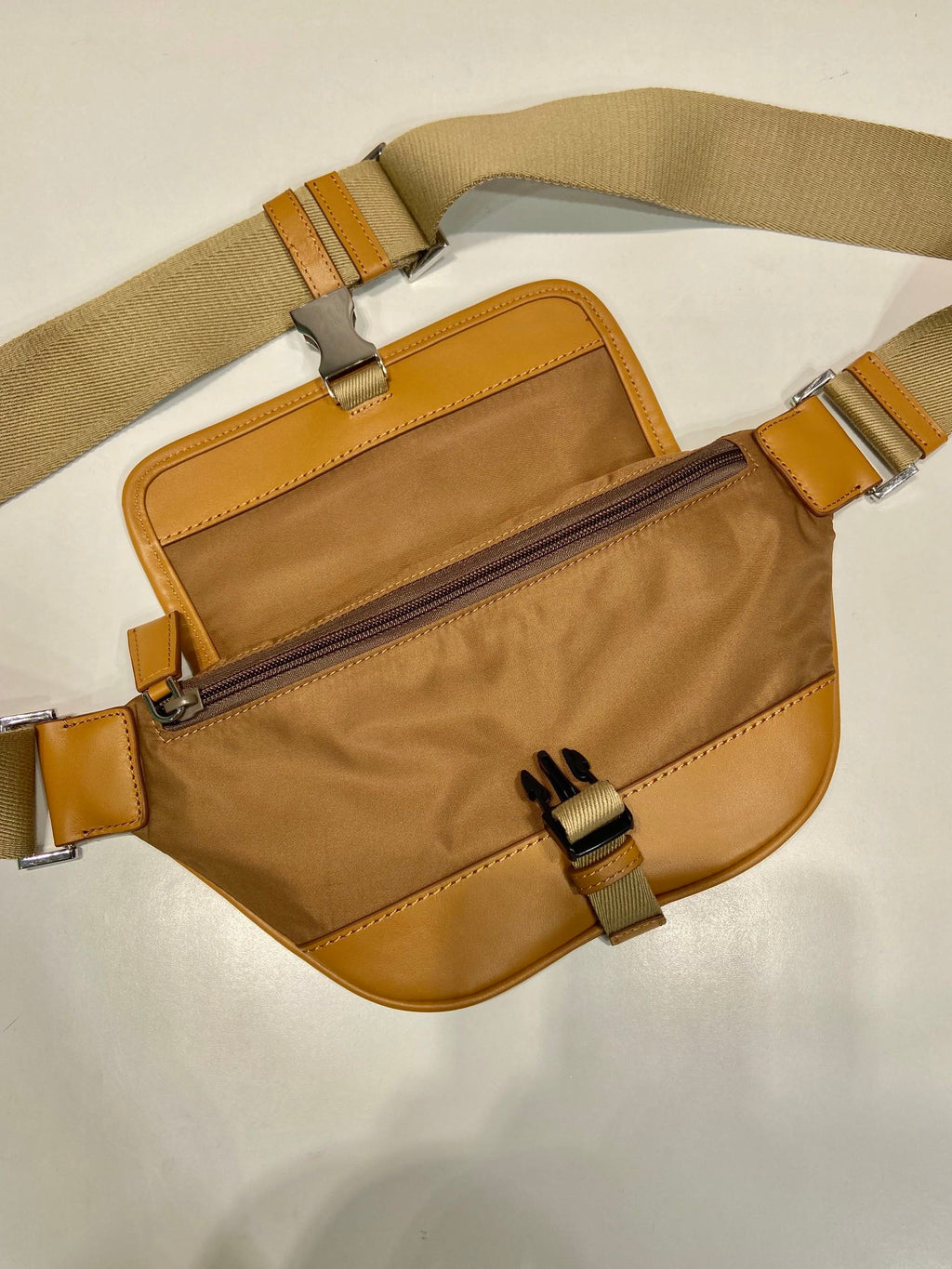 PRADA BELT BAG 18 IN SEPIA BROWN RE-NYLON AND CALFSKIN TRIM