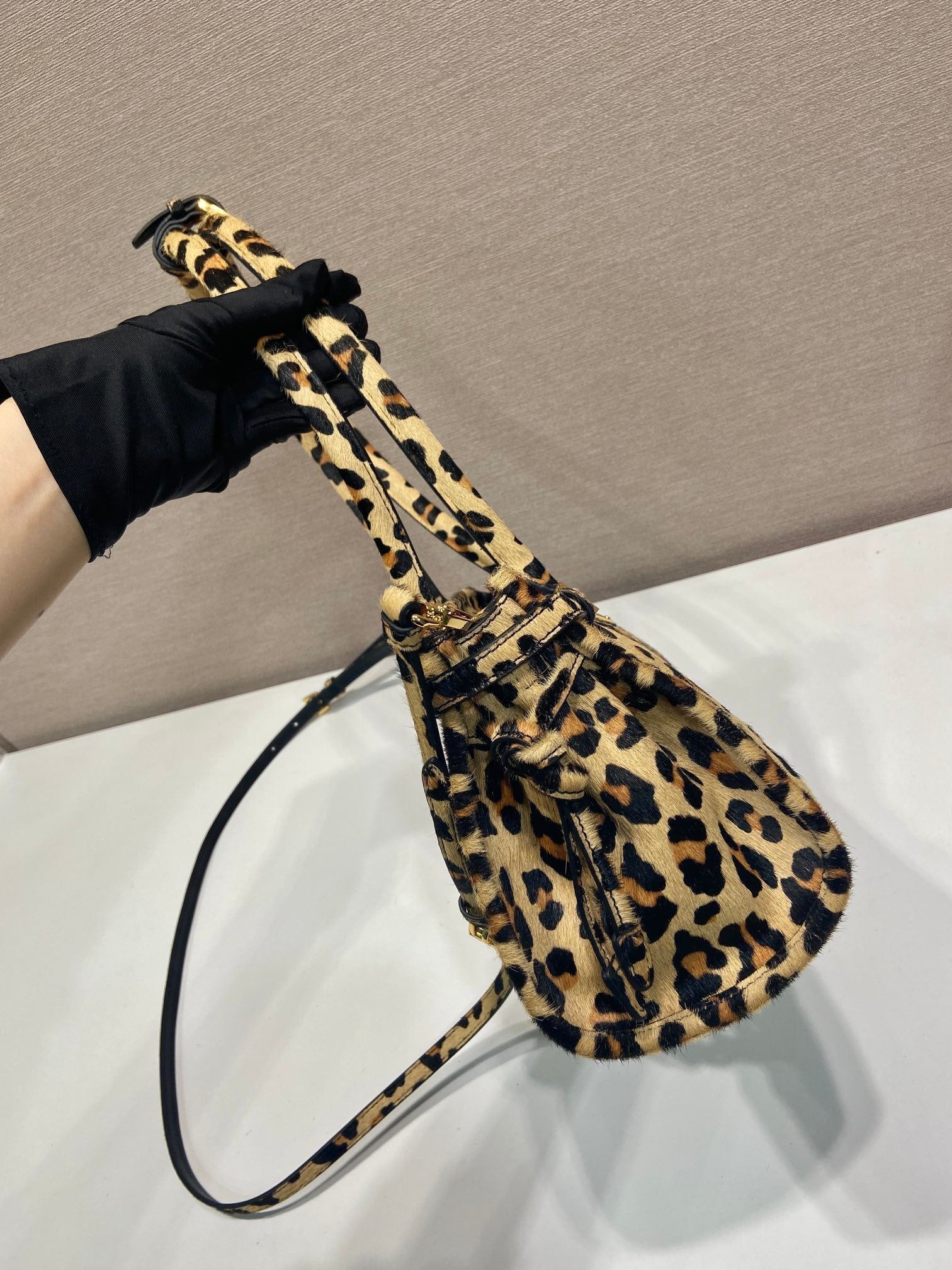 PRADA TOP HANDLE BAG 32 IN LEOPARD PRINT LEATHER