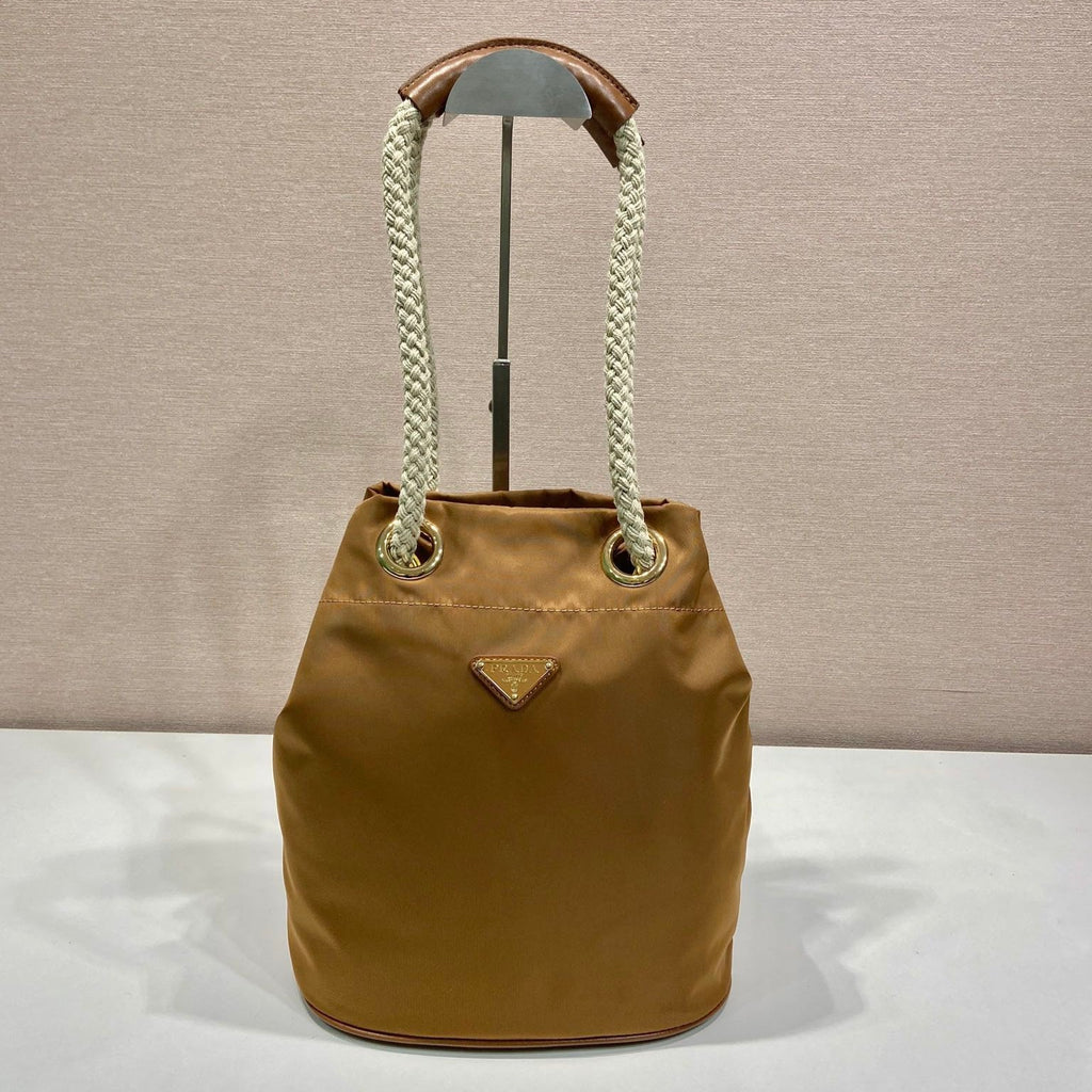 PRADA BUCKET BAG 28 IN SEPIA BROWN RE-NYLON GOLD LOGO