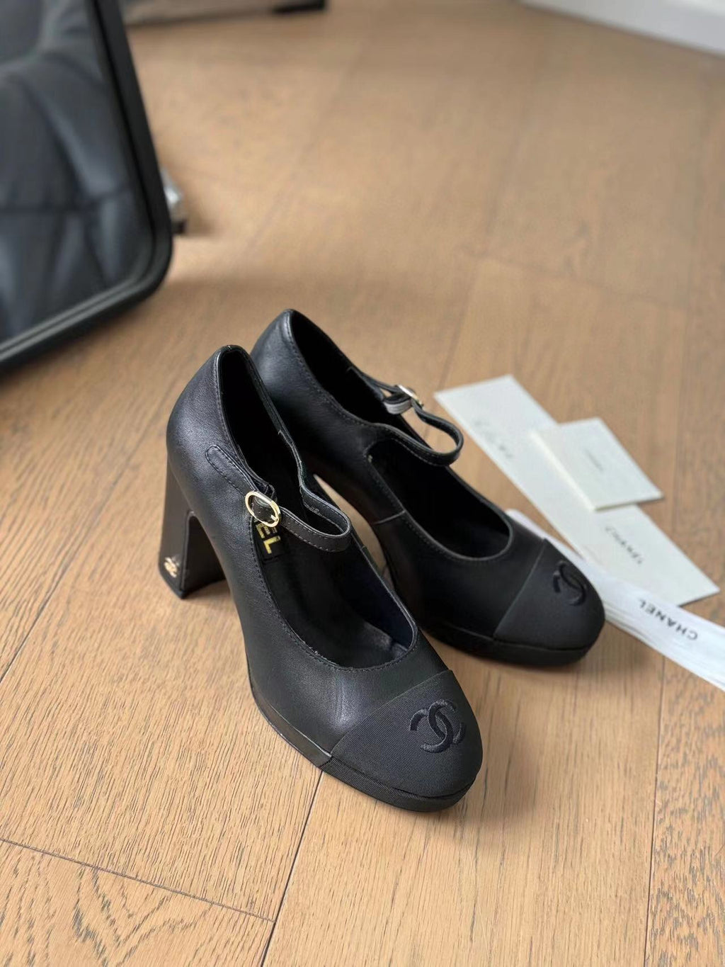 CHANEL MARY JANE HIGH HEEL 9.5 BLACK CALFSKIN