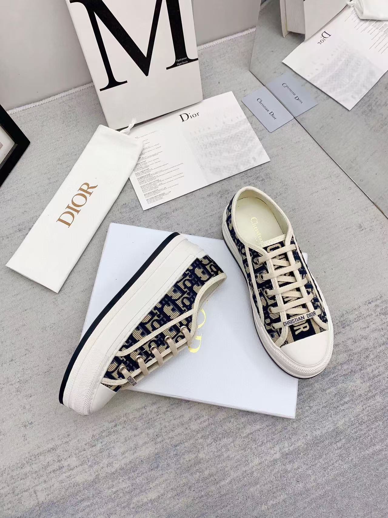 DIOR WALKN 45 BEIGE BLUE OBLIQUE EMBROI-DERY CANVAS