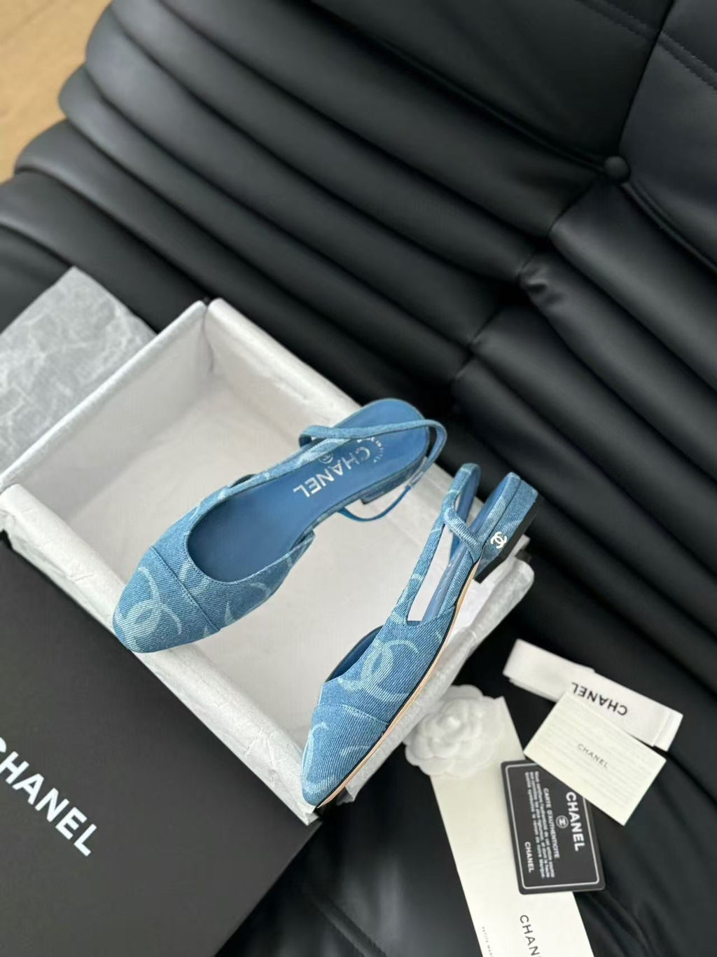 CHANEL FLAT SLINGBACK IN LIGHT BLUE DENIM