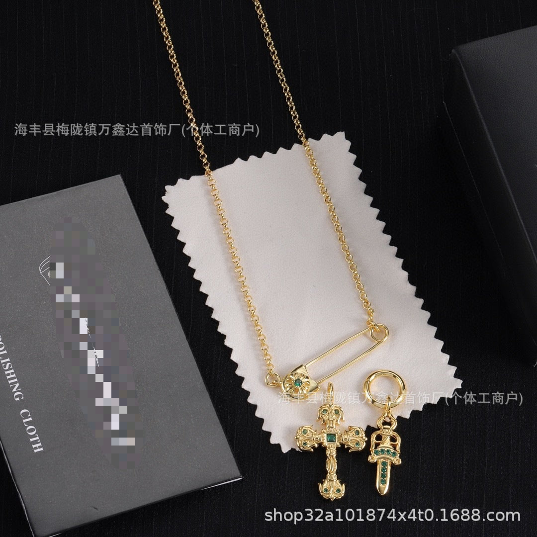 Chrome Hearts gold diamond cross flame sword necklace
