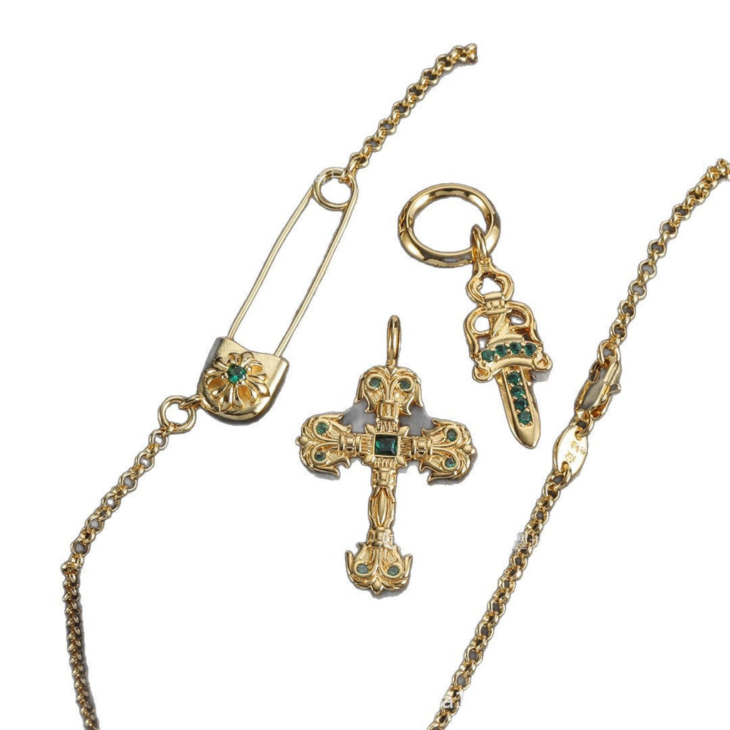 Chrome Hearts gold diamond cross flame sword necklace