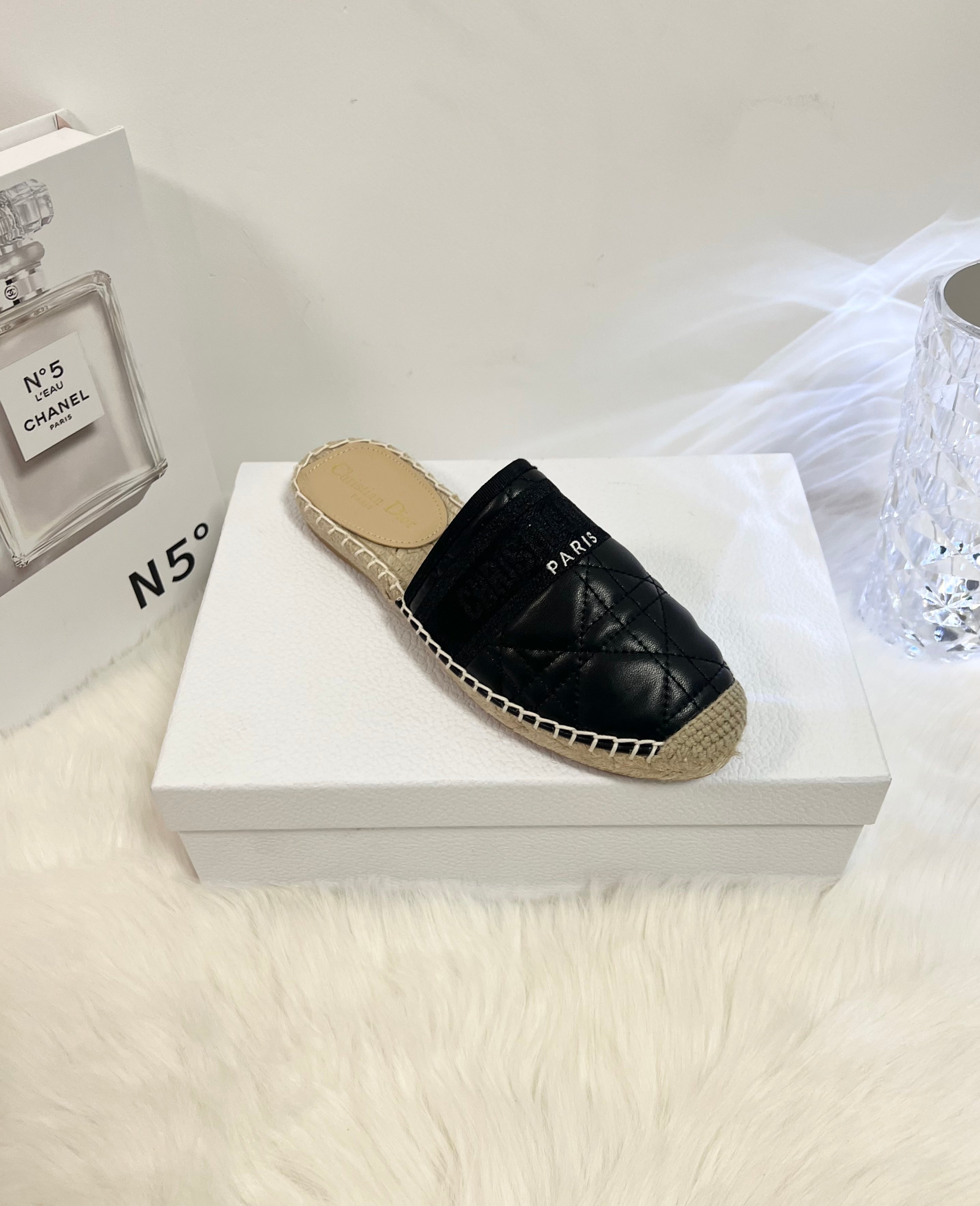 DIOR GRANVILLE ESPADRILLE MULE BLACK QUILTED CANNAGE CALFSKIN