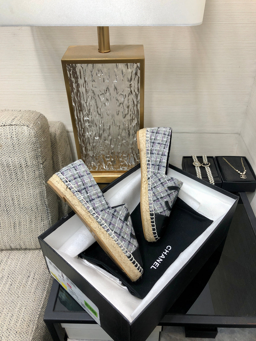 CHANEL ESPADRILLE COLORFUL TWEED FABRIC AND BLACK CALFSKIN FLATS