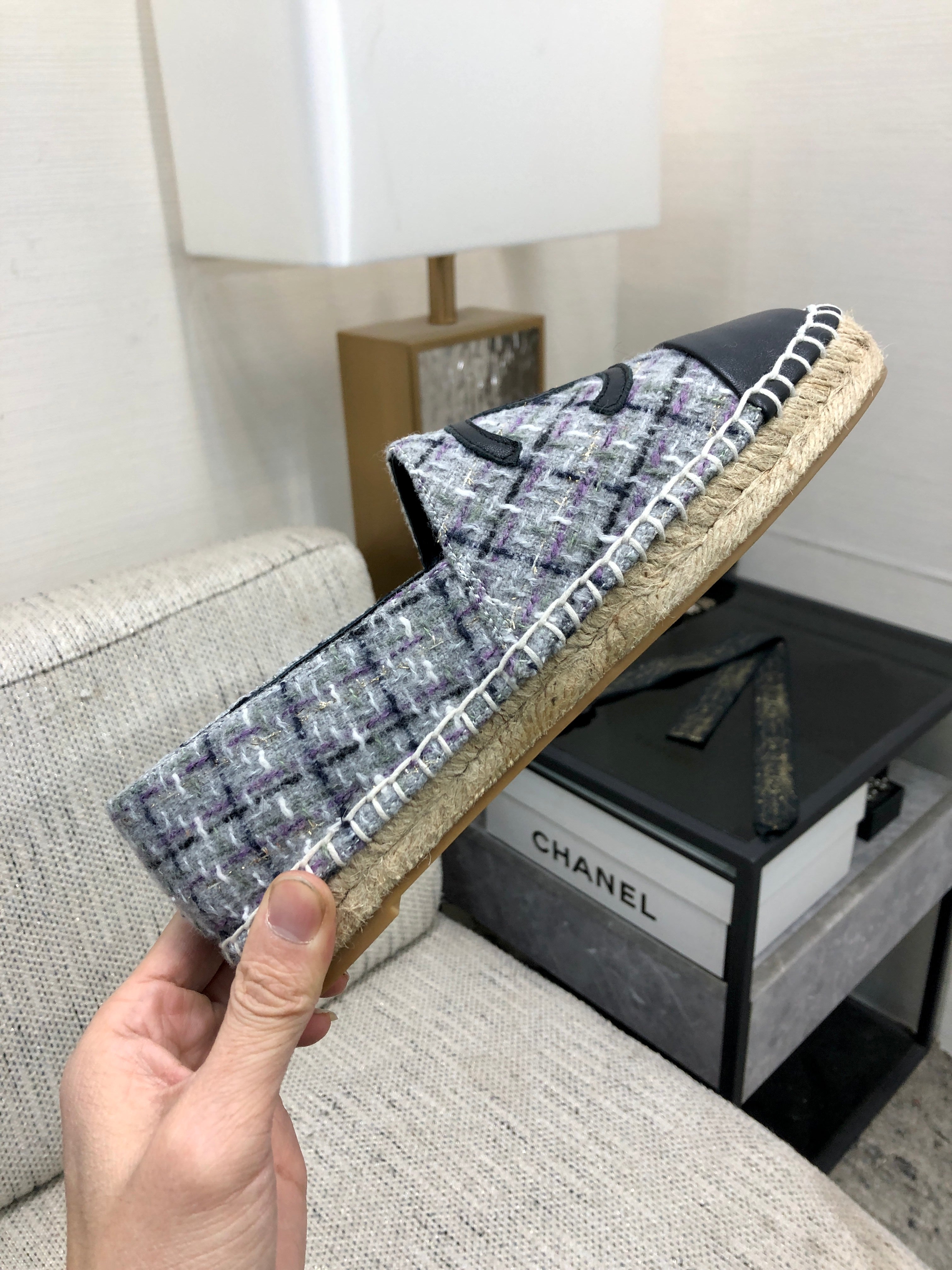 CHANEL ESPADRILLE COLORFUL TWEED FABRIC AND BLACK CALFSKIN FLATS