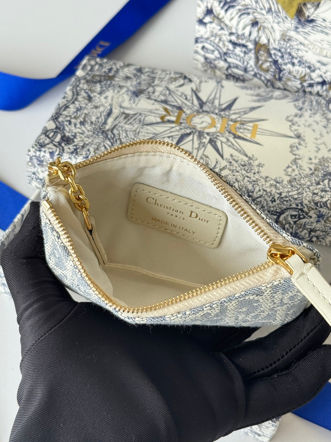 DIOR 25S TRAVEL MYRTE ZIPPED KEY CASE 14 IN BLUE  OBLIQUE JACQUARD CANVAS