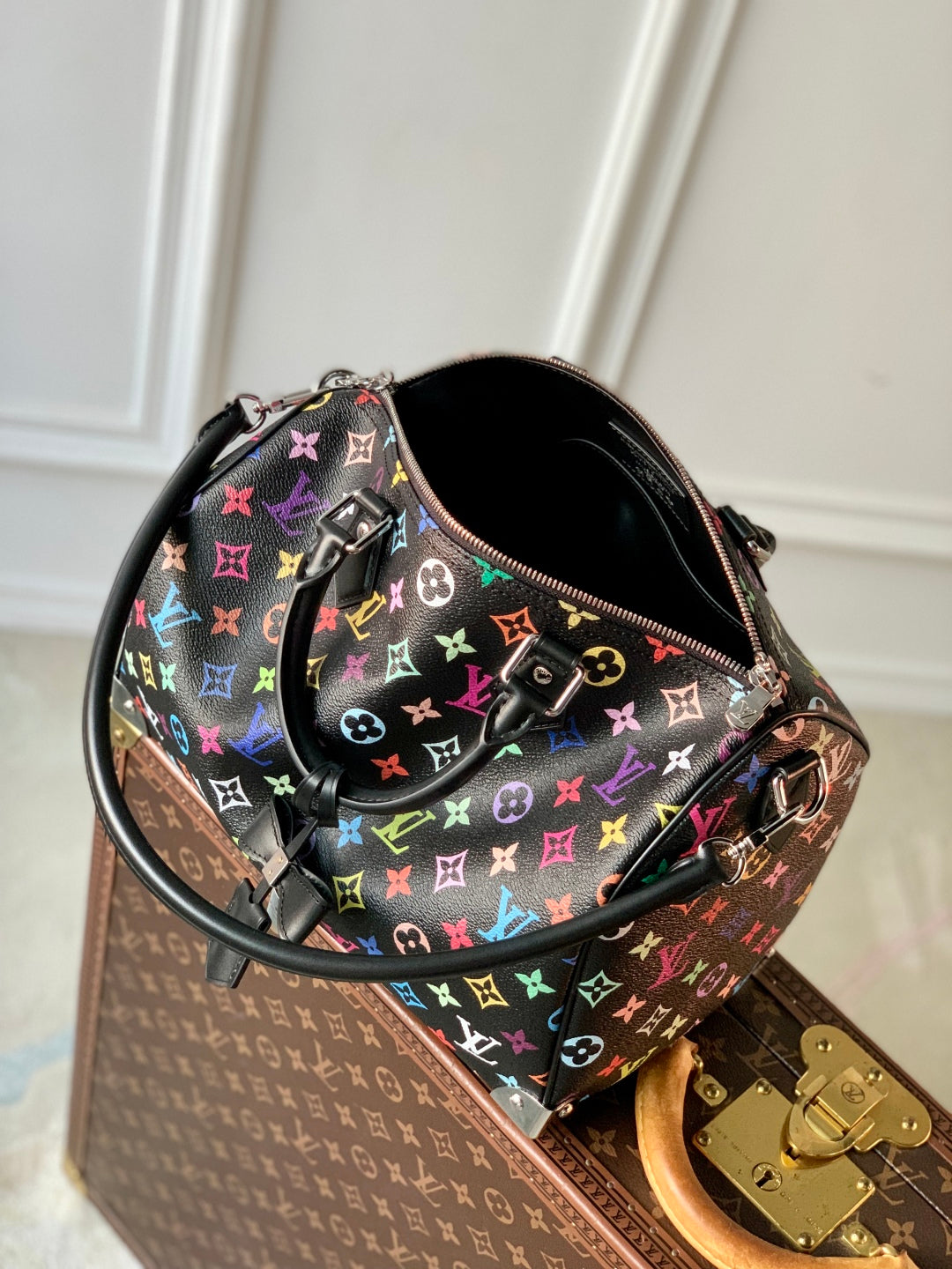 LOUIS VUITTON SPEEDY SOFT 30 IN COLORFUL MONOGRAM PATTERN AND BLACK COATED CANVAS