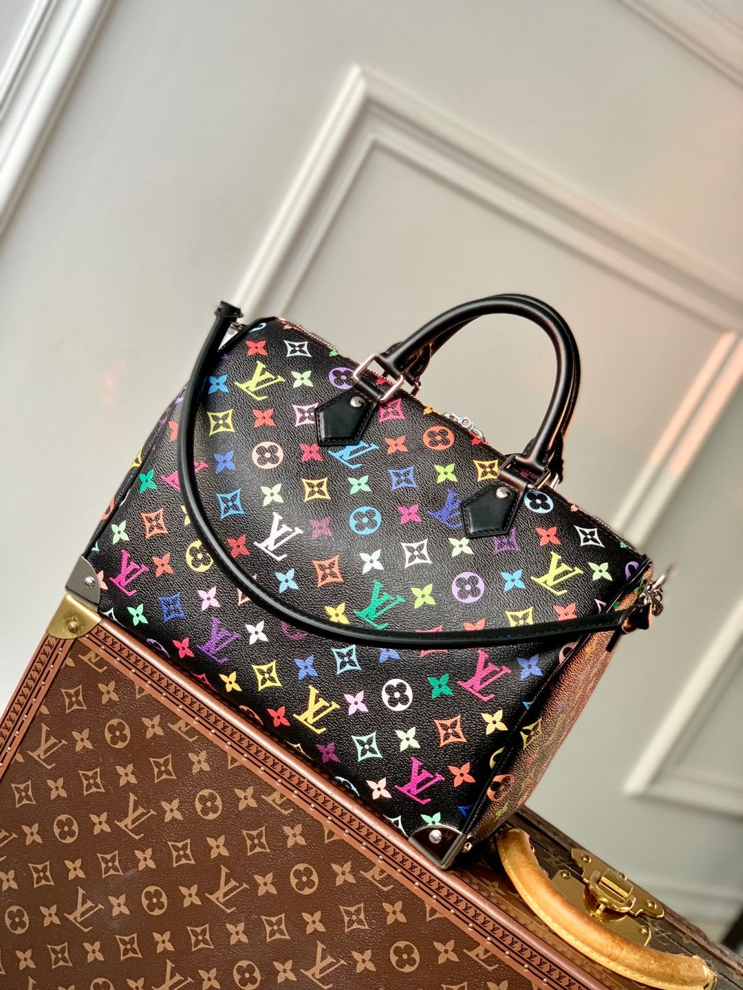 LOUIS VUITTON SPEEDY SOFT 30 IN COLORFUL MONOGRAM PATTERN AND BLACK COATED CANVAS