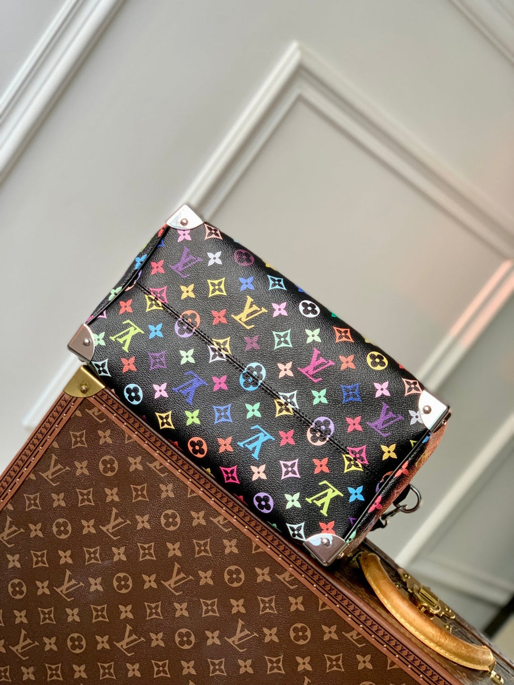 LOUIS VUITTON SPEEDY SOFT 30 IN COLORFUL MONOGRAM PATTERN AND BLACK COATED CANVAS