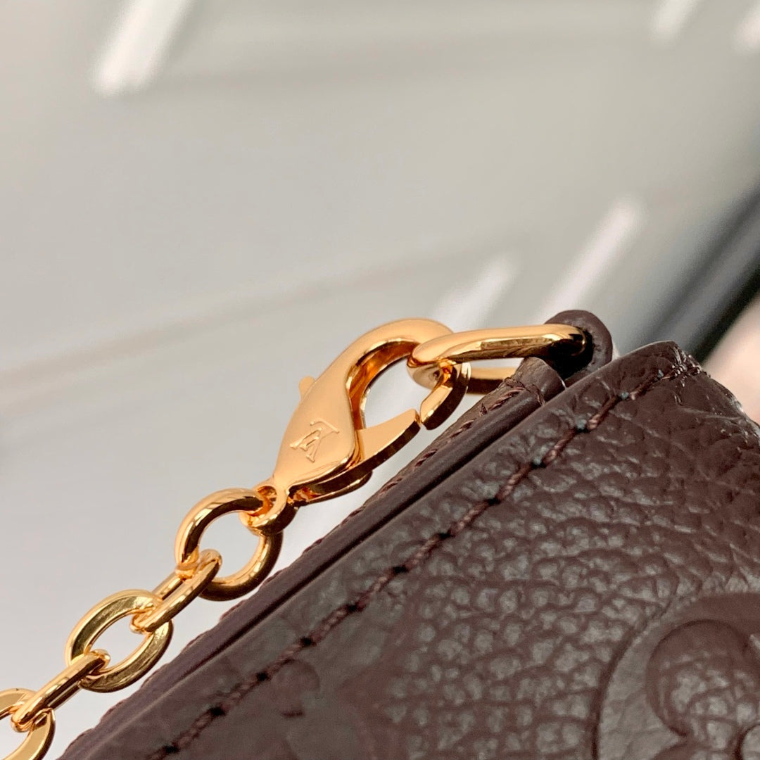 LOUIS VUITTON FÉLICIE POCHETTE 21 IN DARK BROWN MONOGRAM EMBOSSED LOGO CALFSKIN