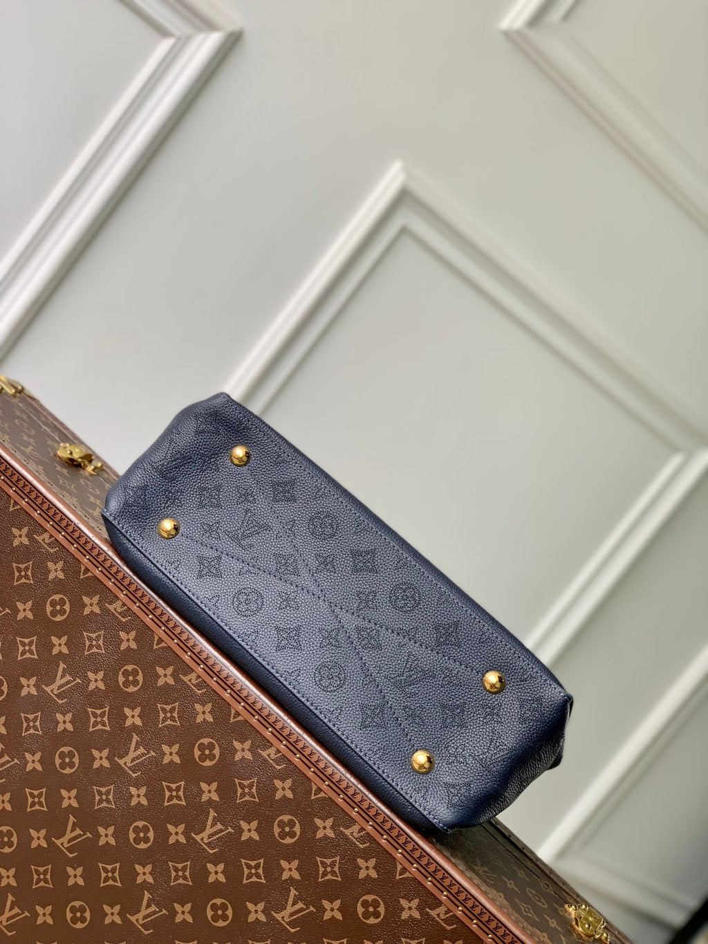 LOUIS VUITTON BELLA TOTE 32 IN DARK BLUE MONOGRAM PERFORATED CALFSKIN GOLD HARDWARE