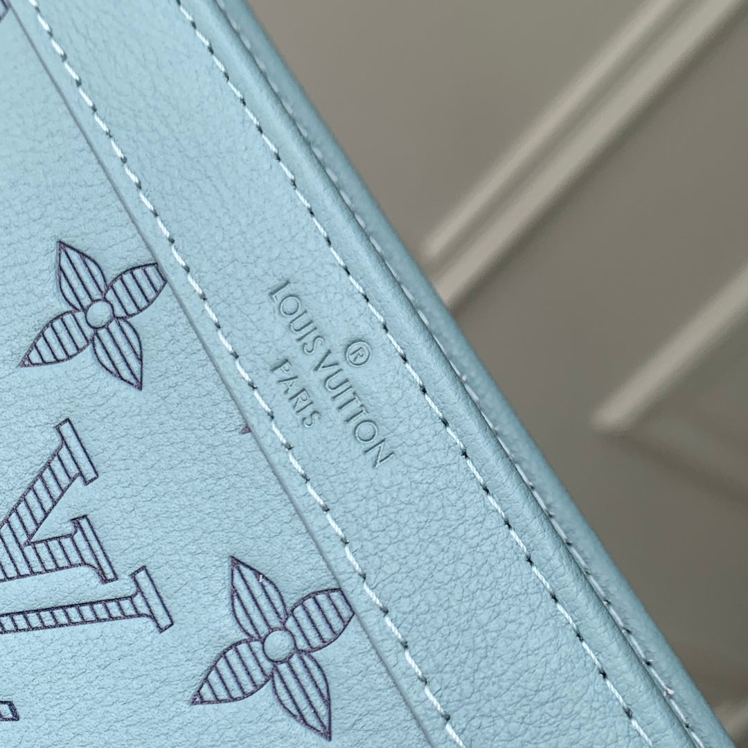LOUIS VUITTON GASTON WEARABLE WALLET 22 IN SKY BLUE MONOGRAM SHADOW CALFSKIN EMBOSSED LOGO