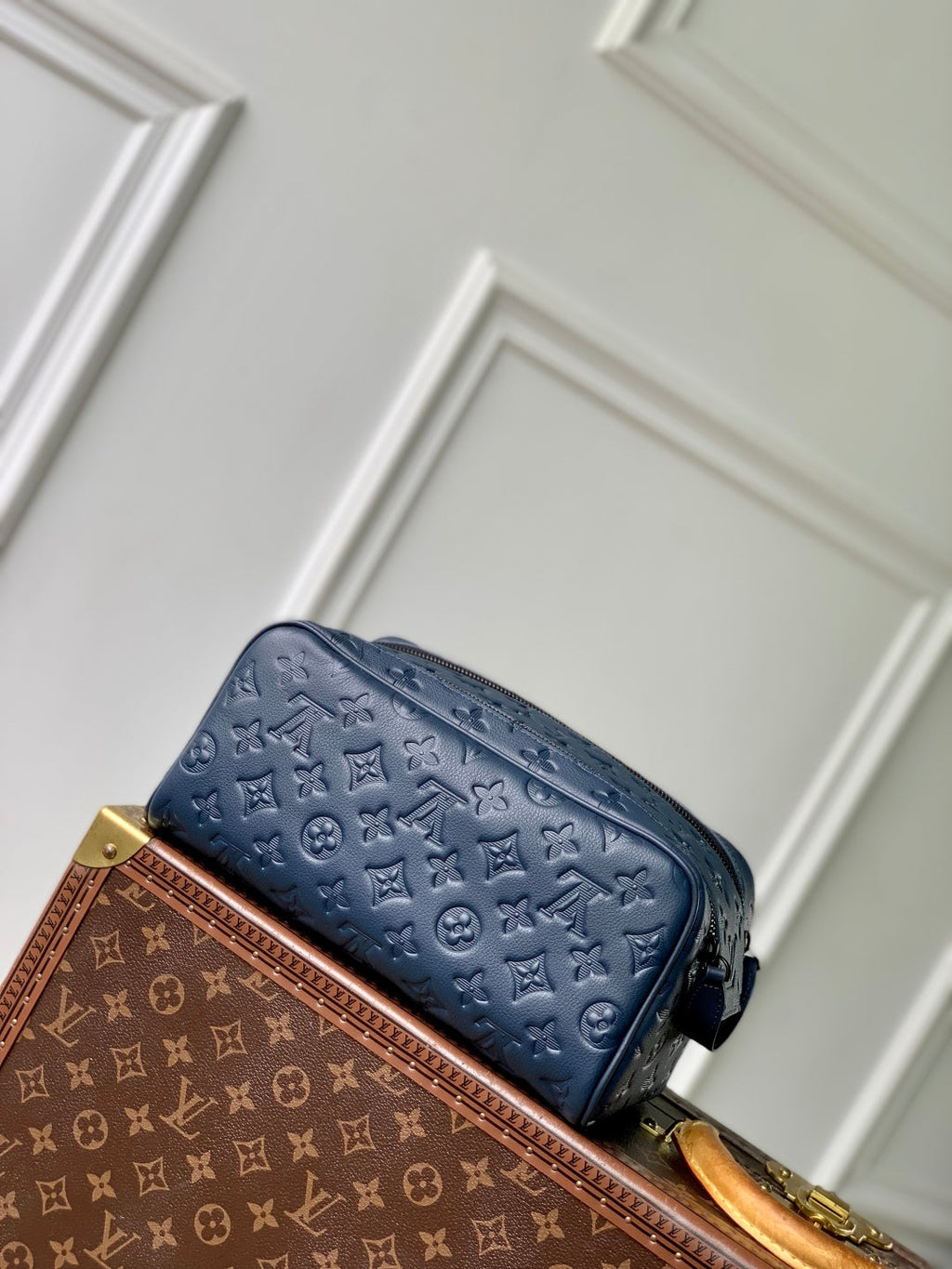 LOUIS VUITTON DOPP KIT 28 IN DARK BLUE MONOGRAM SHADOW CALFSKIN