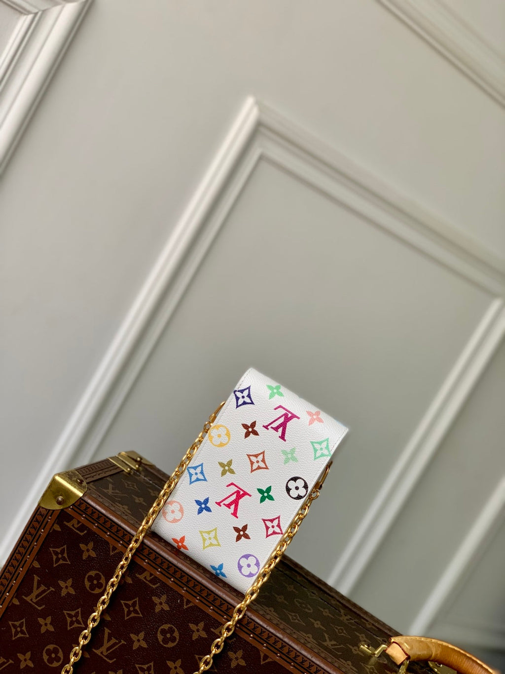 LOUIS VUITTON PHONE POUCH 17.5 IN WHITE MULTICOLORED MONOGRAM COATED CANVAS