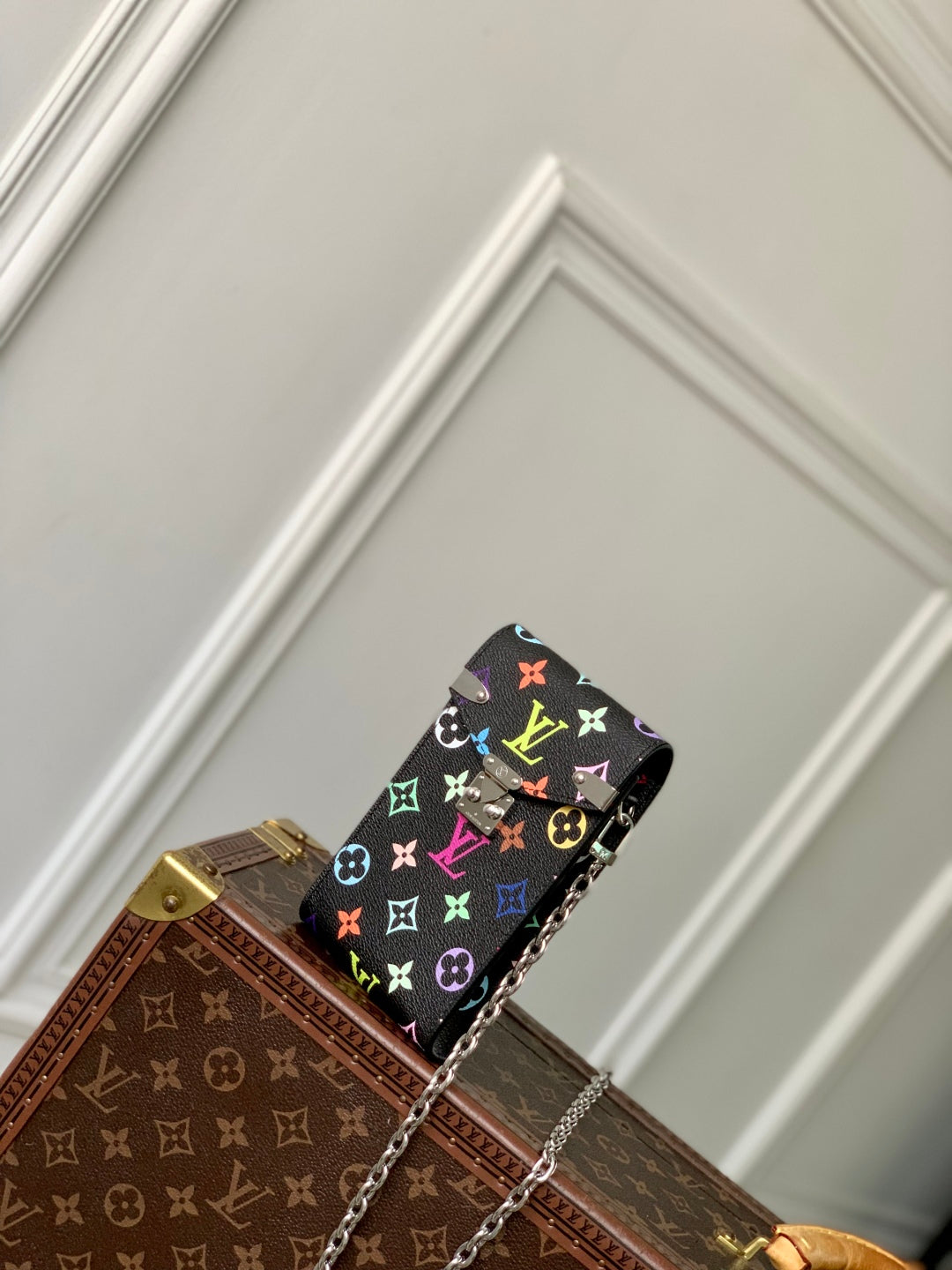 LOUIS VUITTON PHONE POUCH 17.5 IN BLACK MULTICOLORED MONOGRAM COATED CANVAS