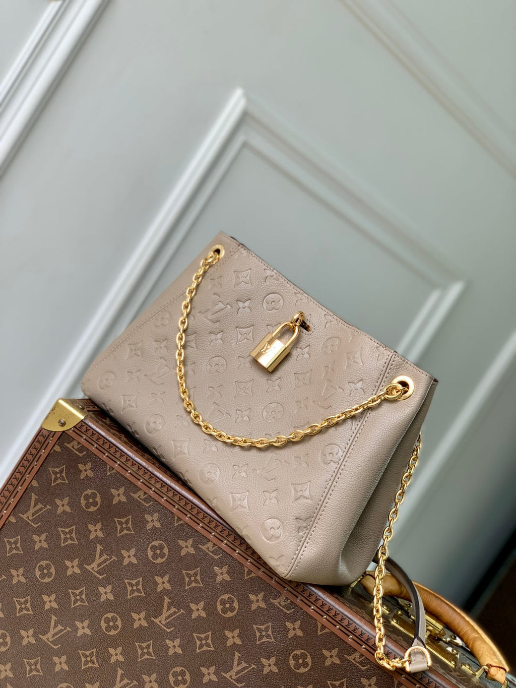 LOUIS VUITTON ANYTIME PM 34 IN ASH BROWN MONOGRAM EMPREINTE CALFSKIN