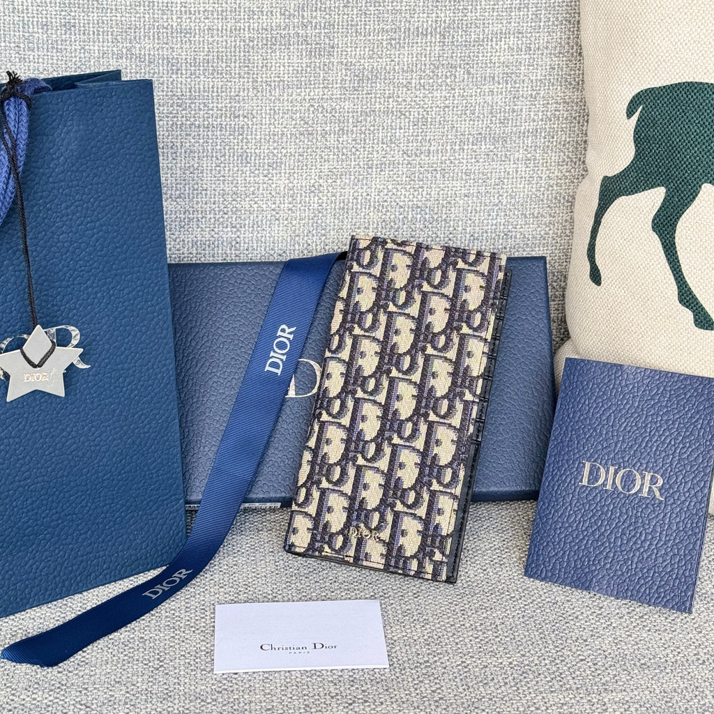 DIOR VERTICAL LONG WALLET 19 IN BLUE MONOGRAM OBLIQUE JACQUARD