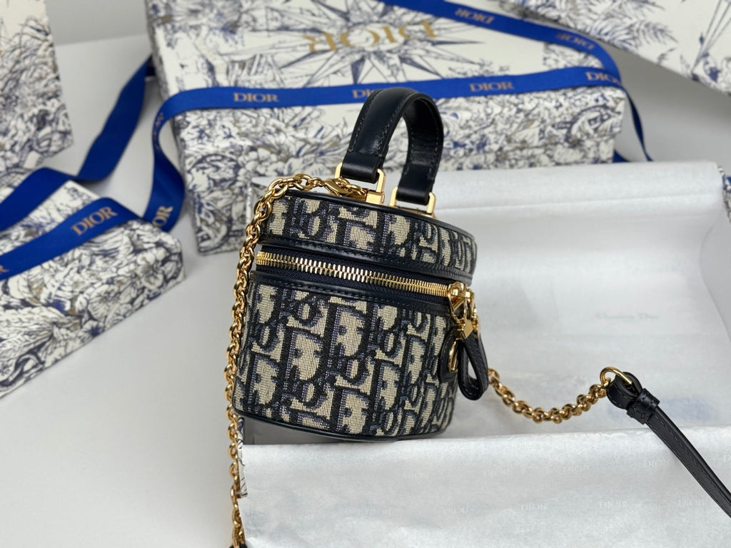 DIOR 25S 30 MONTAIGNE MINI VANITY CASE 16 IN BLUE  OBLIQUE JACQUARD CANVAS