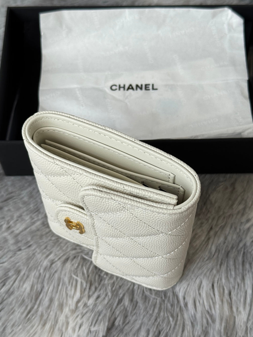 CHANEL 25S CF SMALL TRI FOLD WALLET 11 IN IVORY CAVIAR GOLD HARDWARE