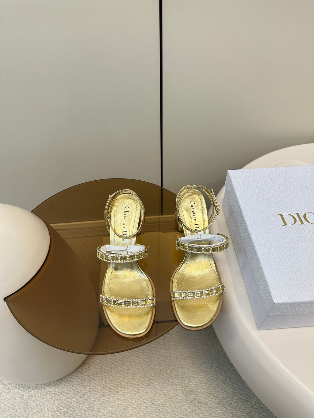 DIOR HIGH HEEL 25S SANDALS 85MM IN SHINY GOLD CALFSKIN RHINESTONES STRAP