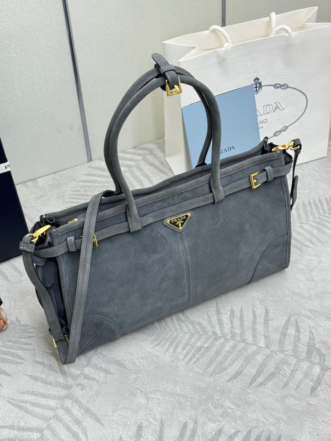 PRADA 25S BONNIE LARGE HANDBAG 38 IN RK GRAY SUEDE GOLD HARDWARE