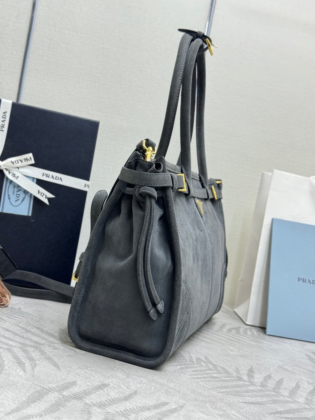 PRADA 25S BONNIE LARGE HANDBAG 38 IN RK GRAY SUEDE GOLD HARDWARE
