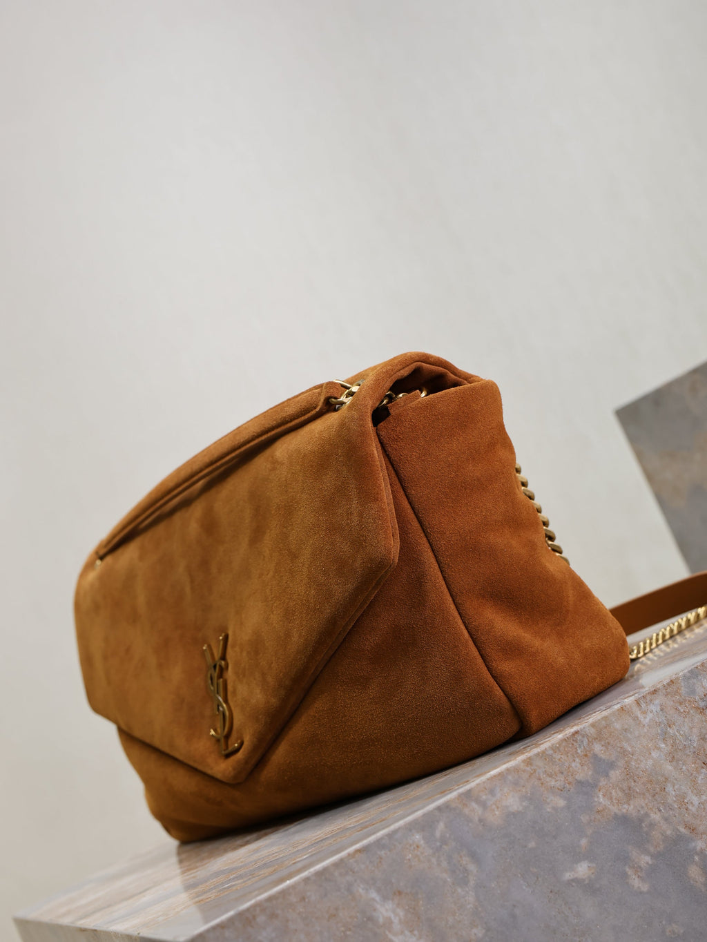 YSL 25S CALYPSO GM 38 IN DARK CARAMEL SUEDE GOLD HARDWARE