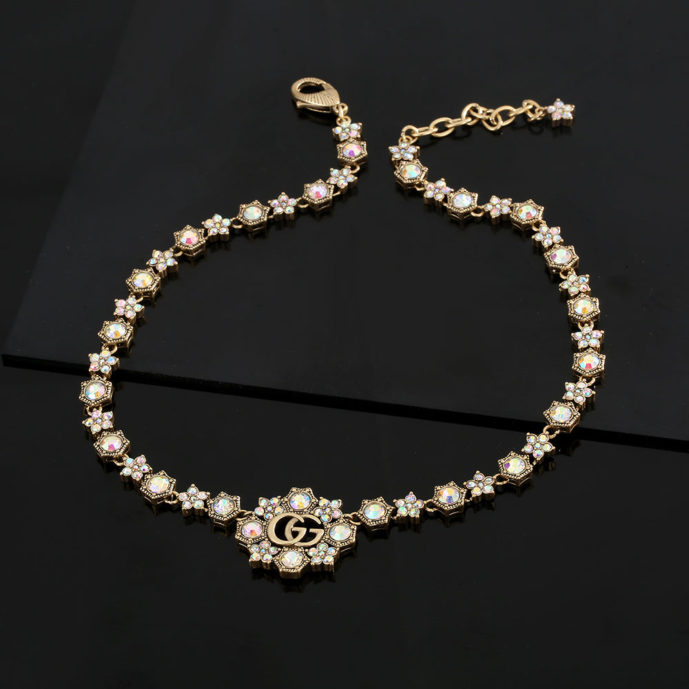 18K Double Gucci Crystals Chain Choker Necklace