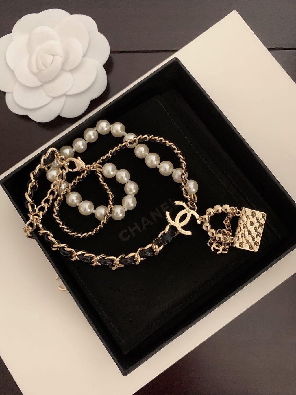 18K  Chanel Pearl Leather Bag Pendant Necklace