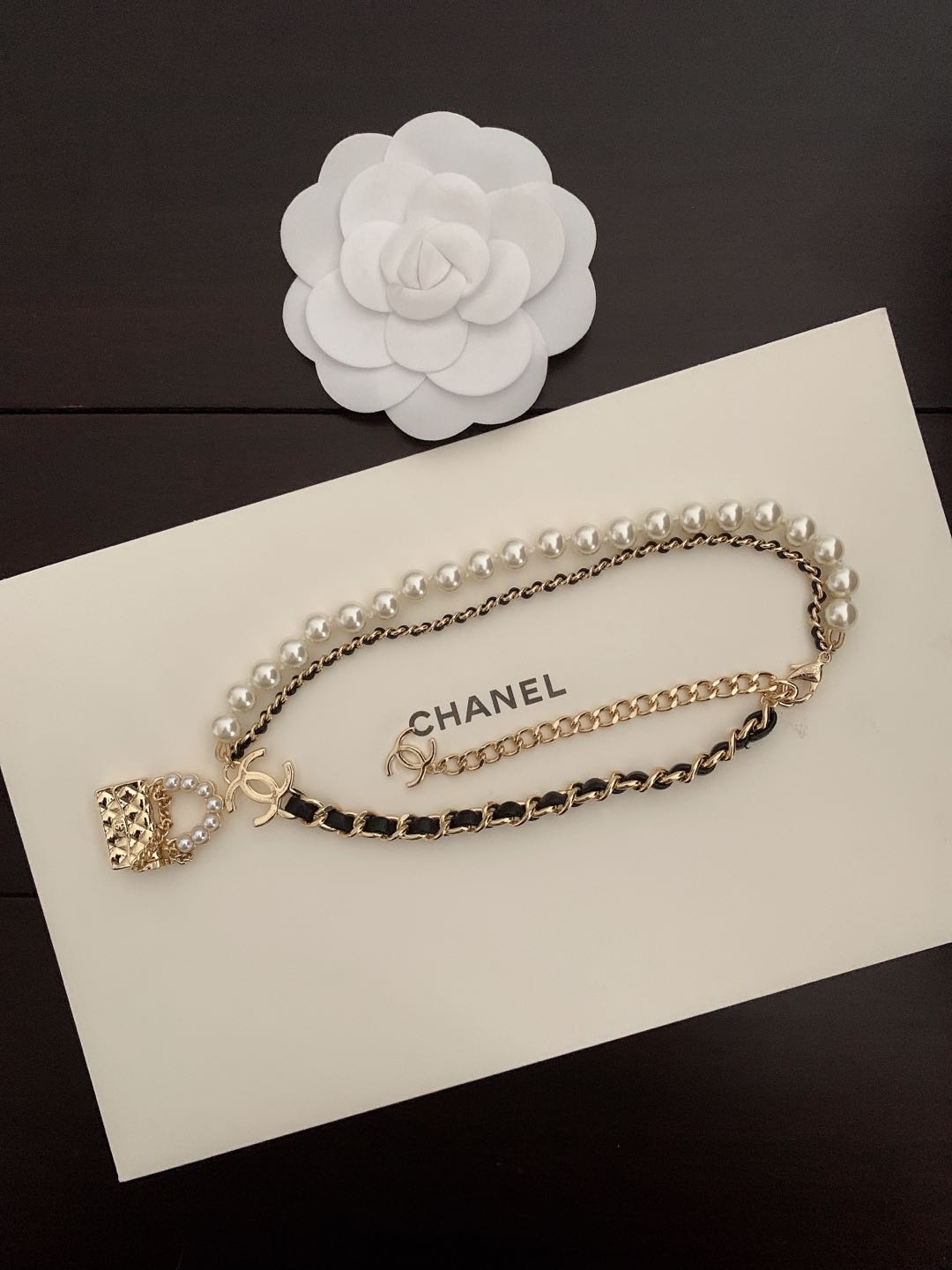 18K  Chanel Pearl Leather Bag Pendant Necklace