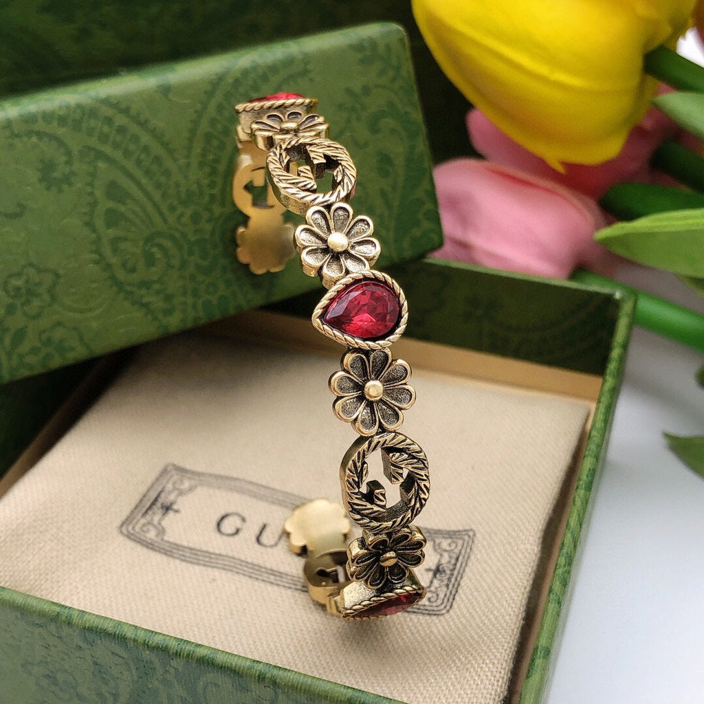 18K Double Gucci Flowers Red Crystals Open Cuff Bracelet