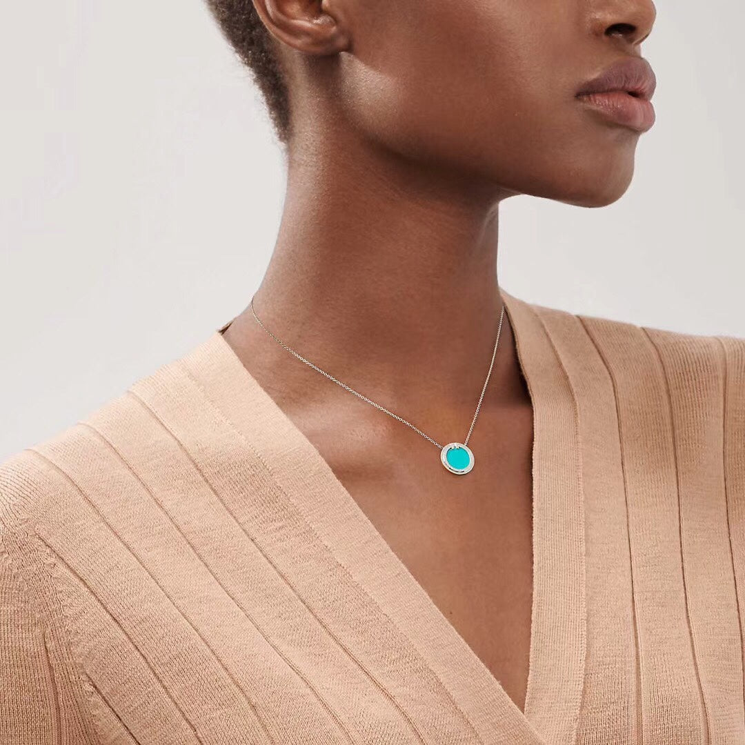 18K Tiffany Diamond & Turquoise Circle Pendant Necklace
