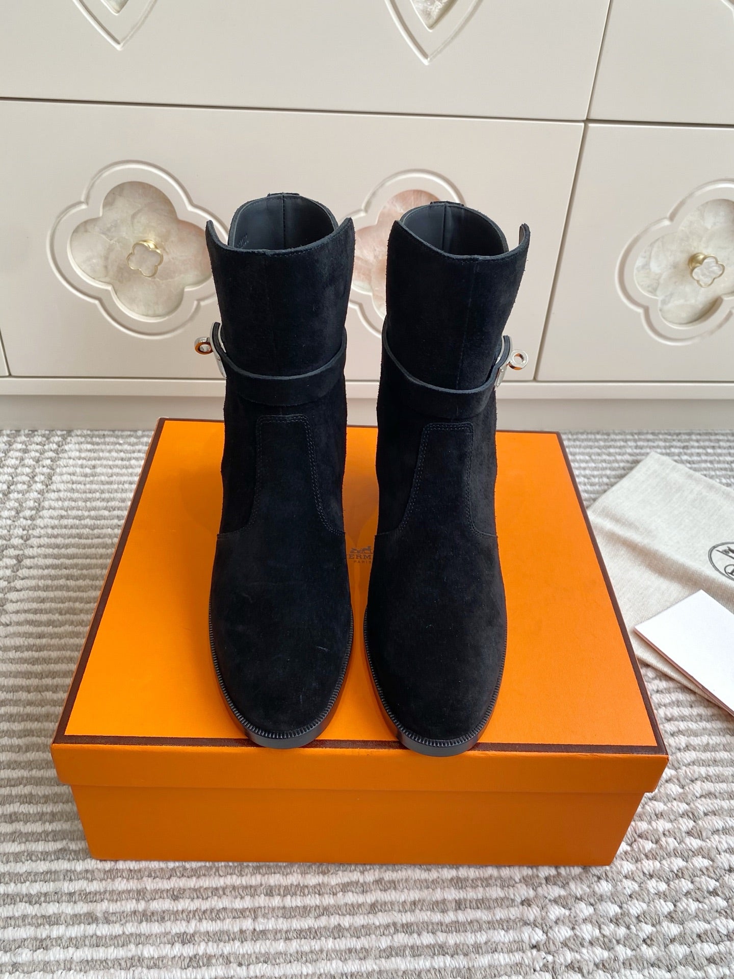 HERMES 25S FRENCHIE 50 ANKLE BOOT 50 MM IN BLACK SUEDE WITH SILVER HARDWARE