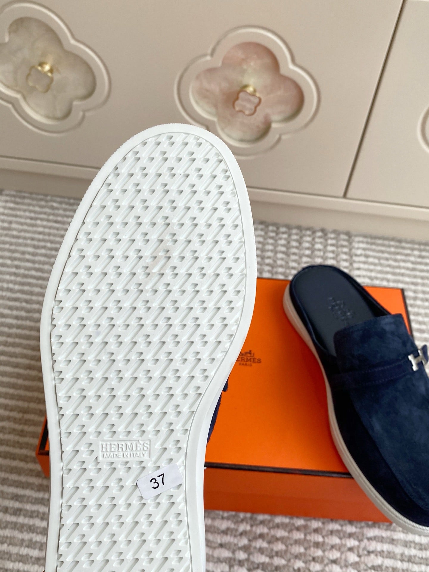 HERMES 25S MULES IN NAVY BLUE SUEDE WITH SILVER HARDWARE